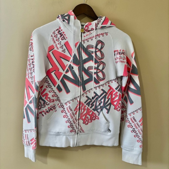Tna| Aritzia| Fun Y2K White-Pink-Grey Graphic Zip-Up Classic Logo Hoodie Sz S - Picture 1 of 7